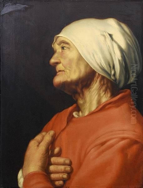 An Elderly Lady, Half-length, In A White Capand A Red Coat - view 1