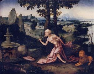 The Penitent Saint Jerome In An Extensive River Landscape by Joachim Patinir