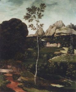 A Landscape With A Path And A Birch In The Foreground, A Farmhouse In The Distance