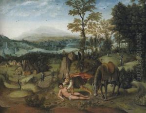 Weite Bewaldte Landschaft Mit Dem Barmherzigen Samariter by Joachim Patinir