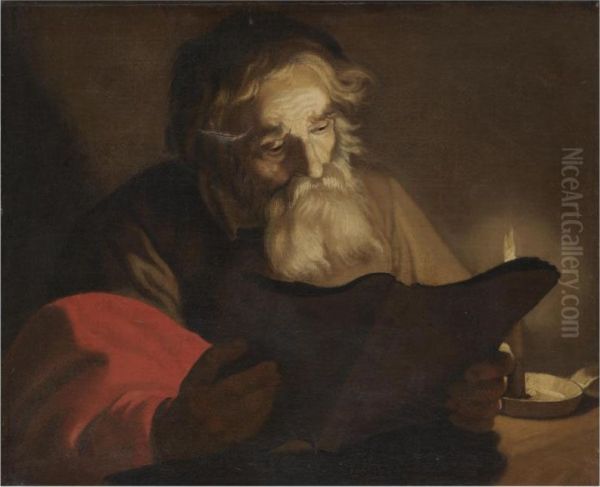 A Male Figure Reading By Candlelight - view 1