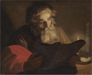 A Male Figure Reading By Candlelight