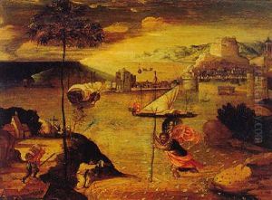 Saint Christopher Carrying The Infant Christ On His Shoulders by Joachim Patinir