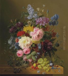 Lilacs, Peonies, Tulips, Roses, Irises And Other Flowers With Fruit