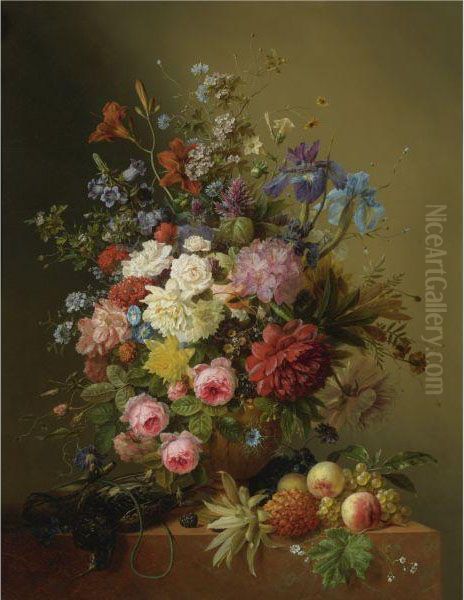 A Still Life Of Roses, Peonies, Irises And Other Flowers In Aterracotta Vase On A Ledge With Fruit And A Bird - view 1