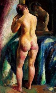 Nude Combing Hair In Front Of A Mirror