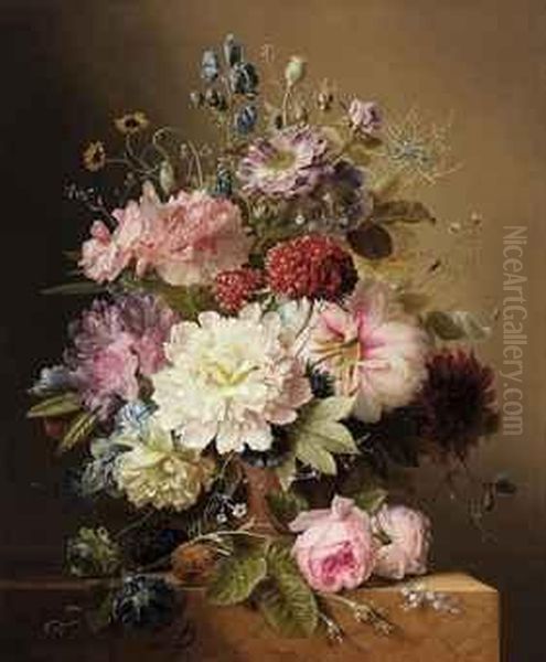Still Life With Peonies, Rhodedendran, Auricula, Roses, And Summerflowers, In An Urn, On A Marble Ledge - view 1