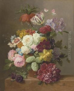 Roses, Peonies, Tulips, Narcissi, Convulvulus And Other Flowers Ina Vase On A Marble Ledge.