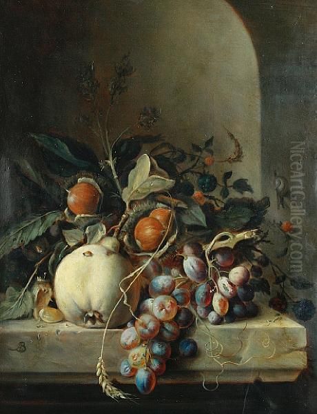 Chestnuts, A Pear, Grapes And Blackberries Ona Stone Ledge Before A Niche - view 1
