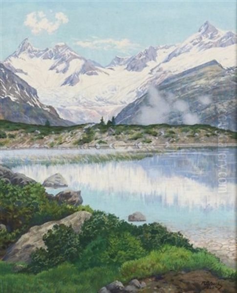 Am Grunsee. Im Hintergrund Obergabelhorn, Wellenkuppe Und Zinalrothorn - view 1