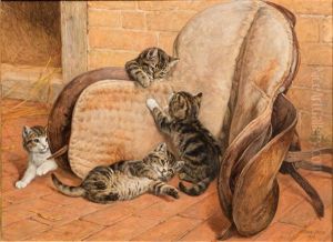 Kittens Playing Around A Saddle by Frank Paton