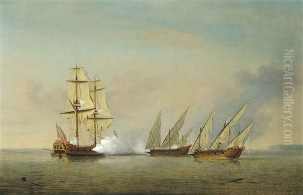 A Royal Navy Sloop, Most Probably H.m.s. Greyhound, In Action With Two Heavily-armed Spanish Galleys - view 1
