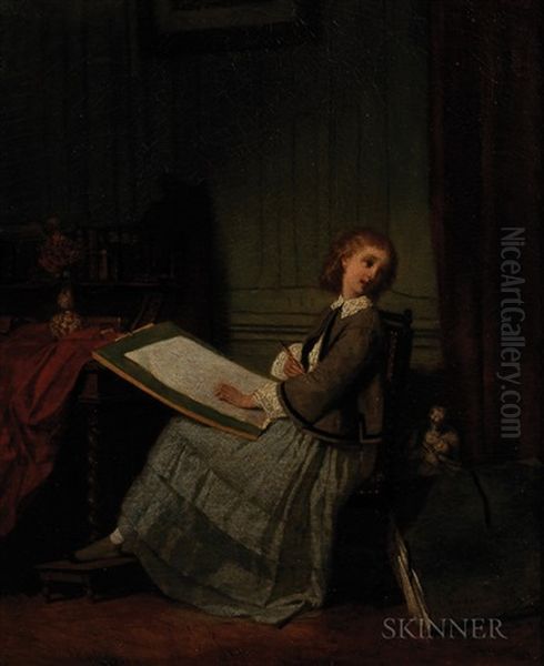 Young Woman Sketching In An Interior - view 1