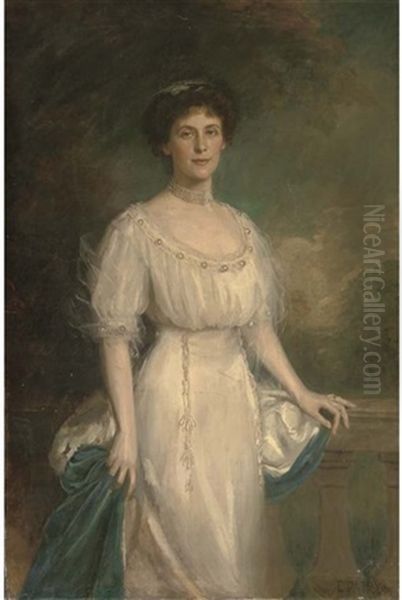 Portrait Of A Lady In A White Dress And Ermin Trimmed Cloak - view 1