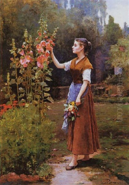 Young Girl Admiring Hollyhocks - view 1