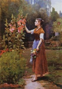 Young Girl Admiring Hollyhocks