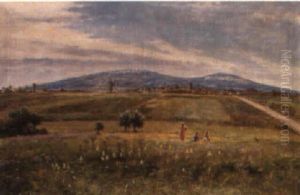 Children Gathering Flowers In A Landscape by Cesar Pattein