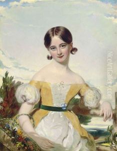 Portrait Of A Young Girl In A Yellow And White Dress, With A Green Sash, Holding A Basket Of Flowers, A Landscape Beyond