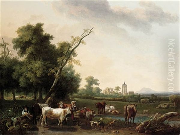An Extensive Landscape With A Peasant Girl And A Shepherd Resting By A Path, With Cattle Watering At A Stream, A Village Beyond - view 1