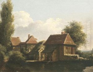 Franzosische Dorflandschaft Mit Wascherinnen Am Wasser by Alexandre Pau de Saint Martin