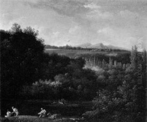 Paysage De Lac Boise Dans La Campagne Italienne Avec Des Baigneurs by Alexandre Pau de Saint Martin