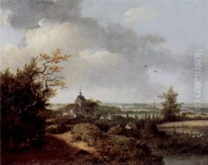 Landschaft Mit Kirchdorf Und Fussgangern