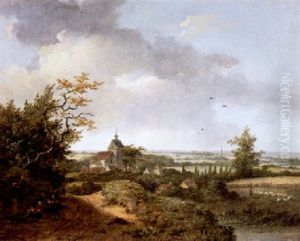 Landschaft Mit Kirchdorf. Im Vordergrund Lagern Fussganger