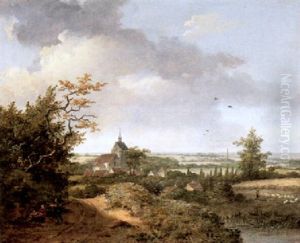 Landschaft Mit Kirchdorf. Im Vordergrund Fussganger Landschaft Mit Kirchdorf. Im Vordergrund Fussganger