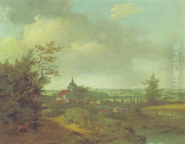 A Landscape With Travellers By A Path And Sheep And A Shepherd In A Field, A Village Beyond - view 1