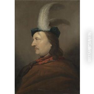 Portrait Of A Gentleman Wearing A Blue Hat With White Feathers And A Brown Cloak With A Red Scarf