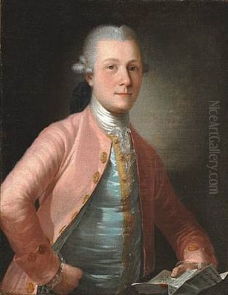 An Elegant Man With A Grey Wig, Blue Waistcoat And Pink Jacket - view 1