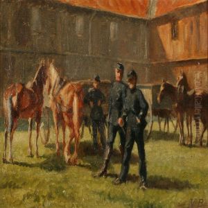 Soldiers And Their Horses At An Estate