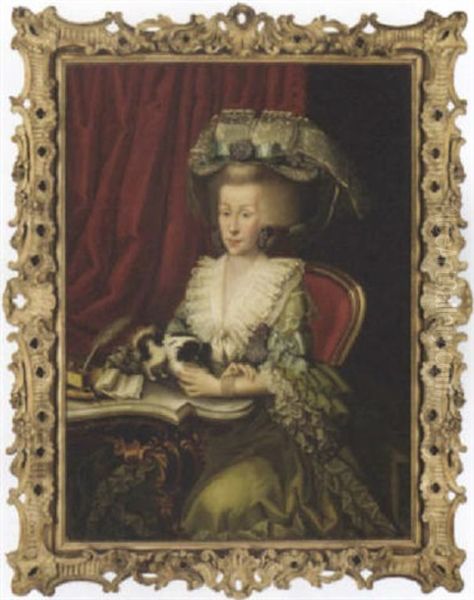 Portrait Of A Lady In A Green Dress And Lace Hat, Seated At A Desk Playing With A Small Dog - view 1