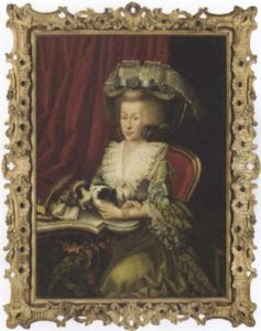 Portrait Of A Lady In A Green Dress And Lace Hat, Seated At A Desk Playing With A Small Dog by Erik Pauelsen