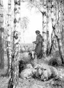 Shepherdess With Her Flock In A Wooded Landscape by Ernst Paul