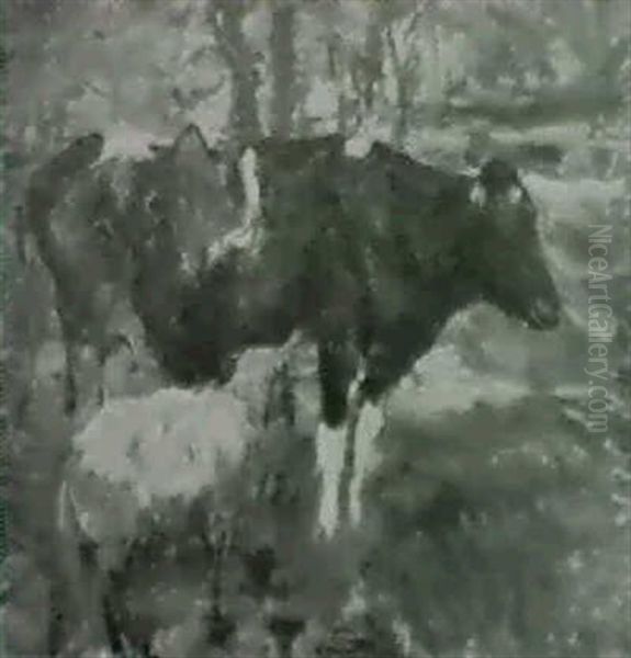 Hirtin Mit Kuhn Und Schaf Im Wald - view 1