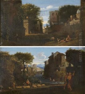 Lavandieres Et Berger Pres D'une Fontaine Devant Une Ville by Jan Blom