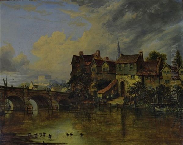 Bishop Bridge, Norwich With Houses On The Waterfront, Castle And Cathedral Spire In The Distance - view 1