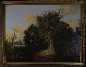 Norfolk Landscape Taken Near Norwich With A Group Of Trees, Pond In Foreground, Norwich Cathedral Beyond To The Left And Another Building And Church To The Right by Joseph Paul