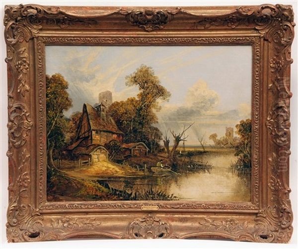 River Landscape With Figure In Boat By Thatched Cottage, Church In Distance - view 1