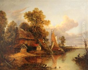 A Cottage By A River With Boats And Figures by Joseph Paul