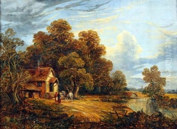 East Anglian Landscape With Figures And Horse By A Cottage - view 1