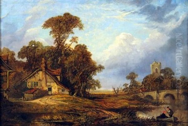 East Anglian River Landscape With Figures In A Punt By A Bridge - view 1