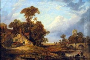 East Anglian River Landscape With Figures In A Punt By A Bridge