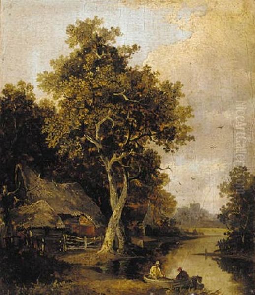 Figures In A Boat Before A Cottage, A Church Beyond - view 1
