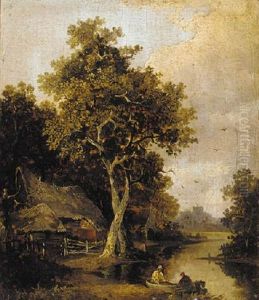 Figures In A Boat Before A Cottage, A Church Beyond Figures In A Boat Before A Cottage, A Church Beyond