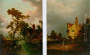 Figures In A Boat Before A Windmil by Joseph Paul