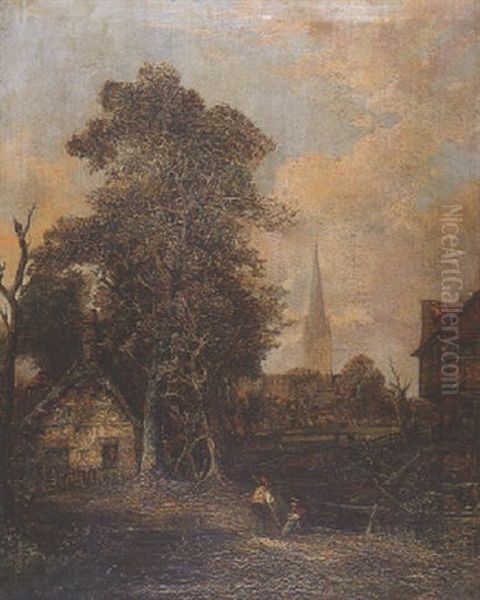 View Of Salisbury Cathedral With Figures And Cottage In Foreground - view 1