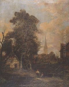 View Of Salisbury Cathedral With Figures And Cottage In Foreground