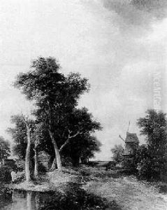 Figures Before A Windmill, Opposite A Pond And Farm Buildings by Joseph Paul